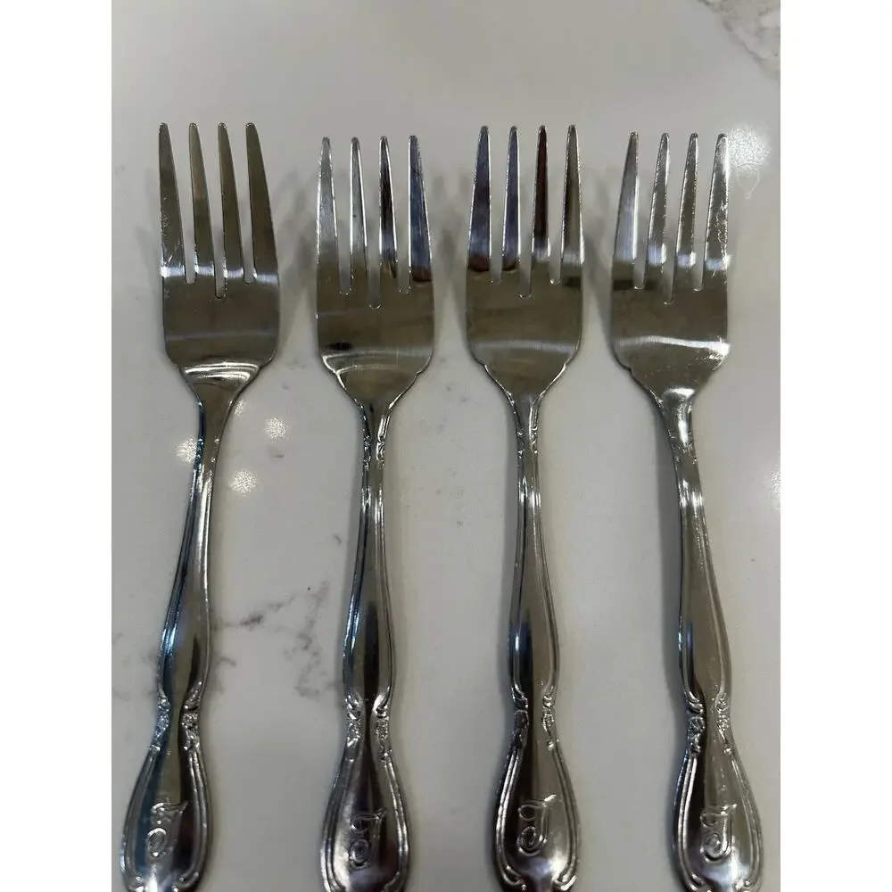 Vtg‎ Set of 4 Salad Forks “T” Monogram Custom Made Floral Stainless Flatware
